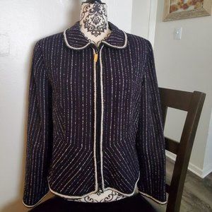 VTG SHOMI Knit Embroider Zip Up Blazer Jacket Women 100% Acrylic Black 12 EUC